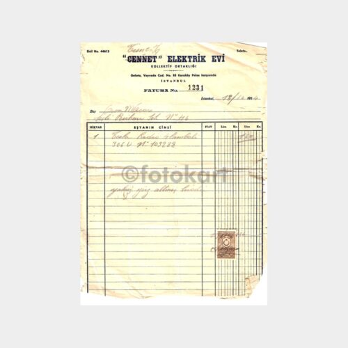 1954 Cennet Elektrik Evi Radyo Faturası