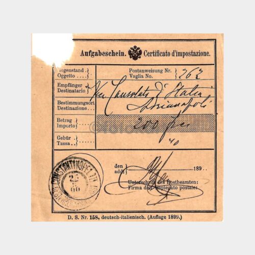 1900 Constantinopel Avusturya Levant Damgalı Makbuz