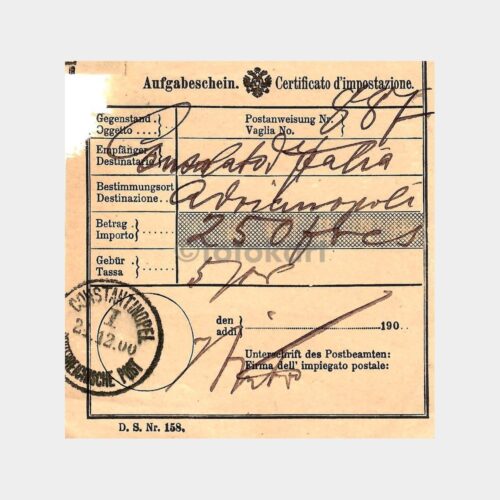 1900 Constantinopel Avusturya Posta Damgalı Makbuz