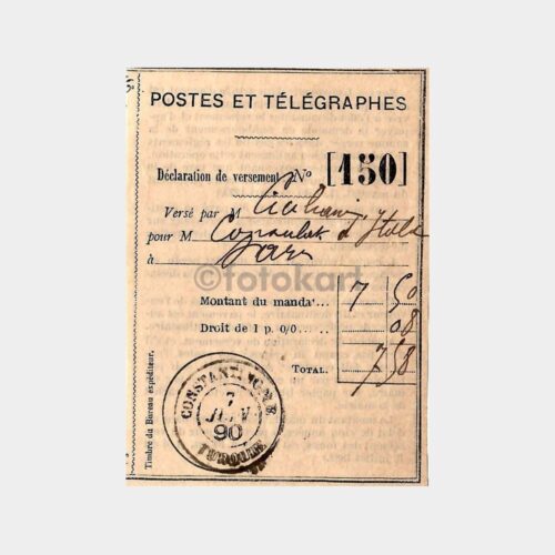 1890 Constantinople Damgalı Telgraf Makbuzu