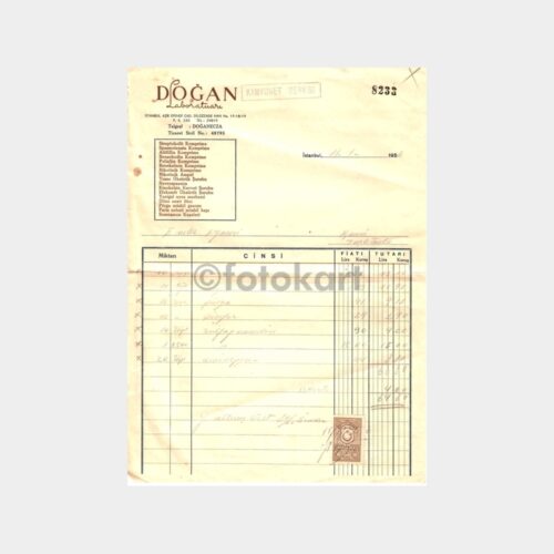 1956 Doğan Laboratuvarı Fatura