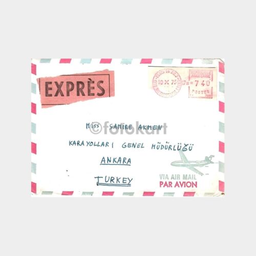 1975 Fransa Ekspres Etiketli Uçak Zarf