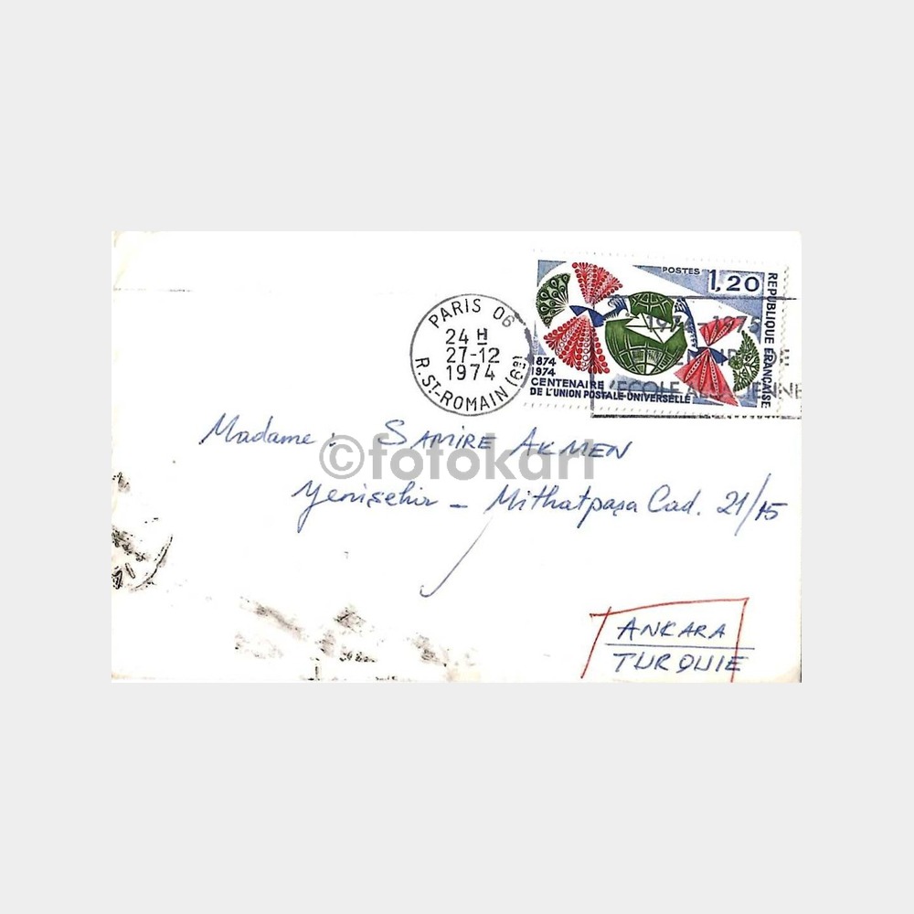 1974 Fransa Posta Birliği 100. Yıl Pullu Zarf