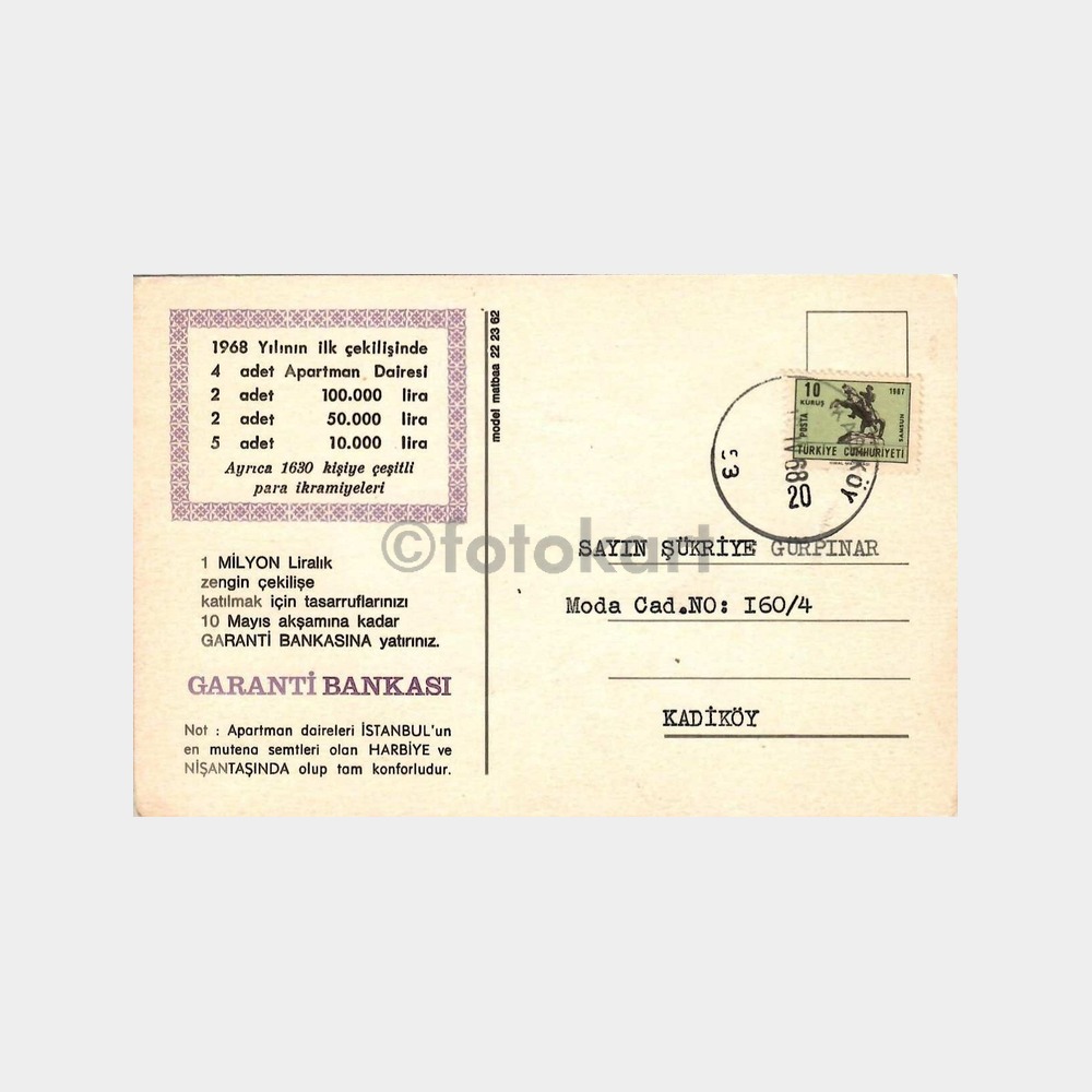 1968 Garanti Bankası Postadan Geçmiş İkramiye Kartı - Görsel 2