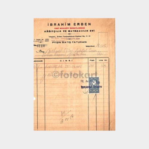 1956 İbrahim Erben Kağıtçılık ve Matbaacılık Evi Fatura