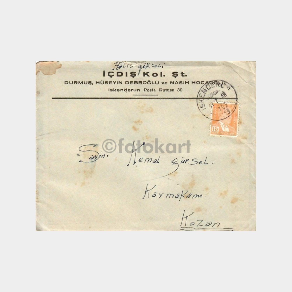 1948 İskenderun İçdış Kol. Şt. Antetli Zarf