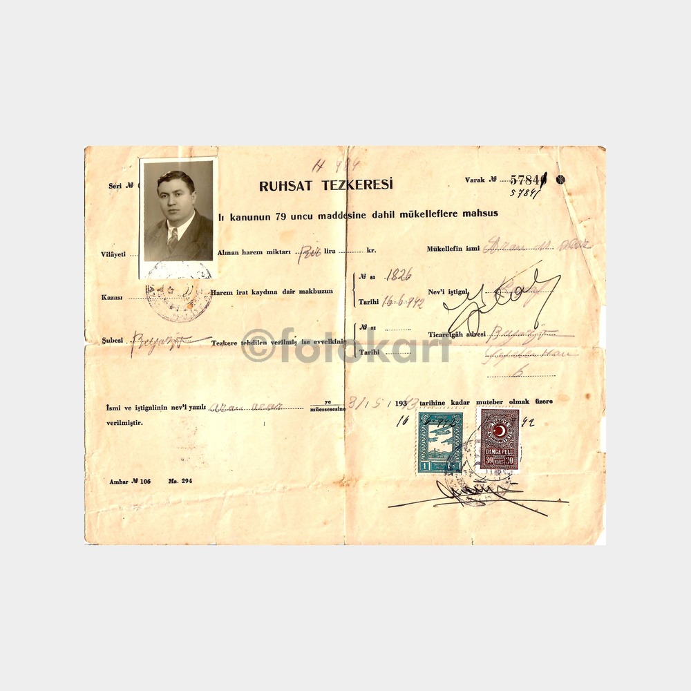 1943 İstanbul Beyazıt İşyeri Ruhsat Tezkeresi
