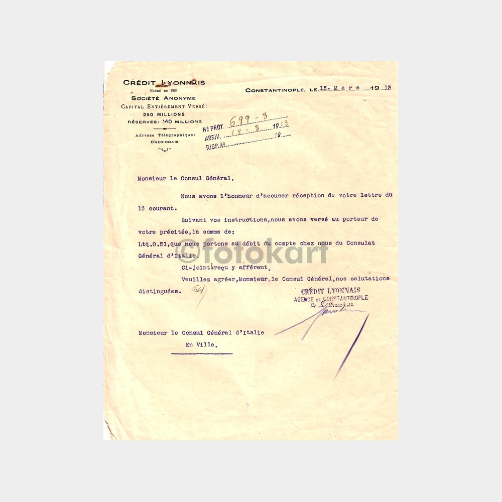 1913 İstanbul Credit Lyonnais Bankası Belgesi