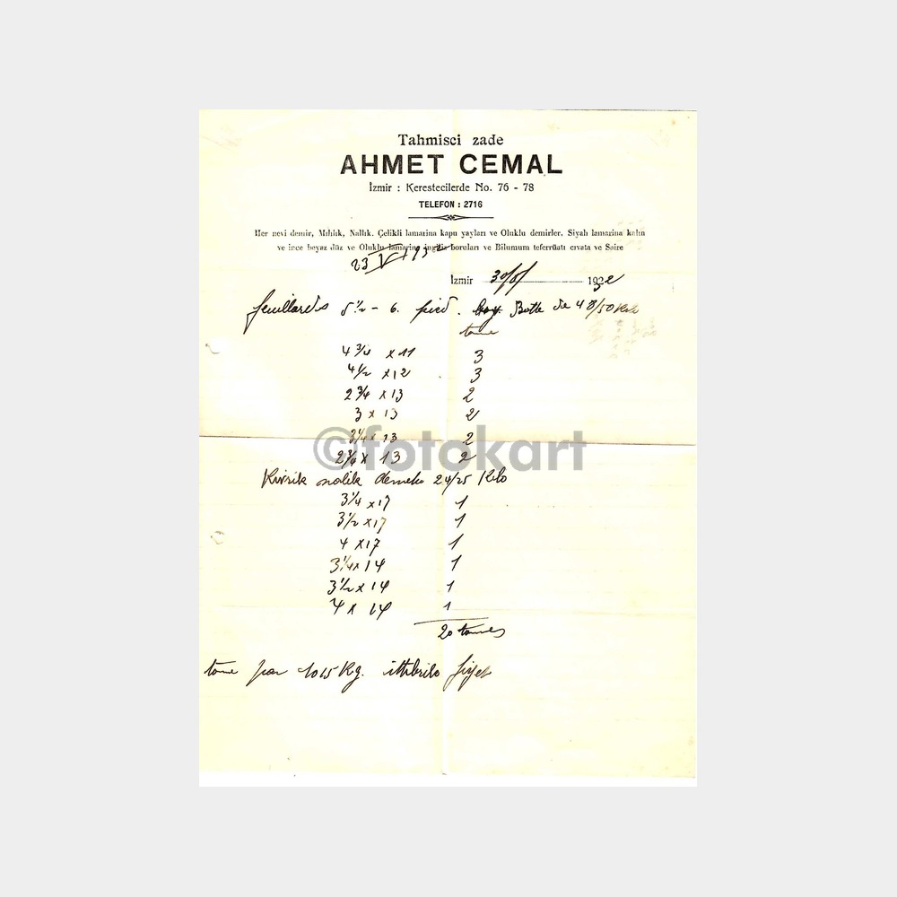 1932 İzmir Tahmisci Ahmet Cemal Teklif Mektubu