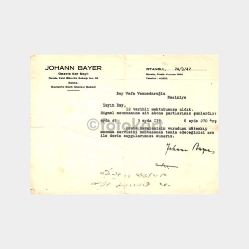 1942 Johann Bayer Gazete Ser Bayii Abone Yazısı