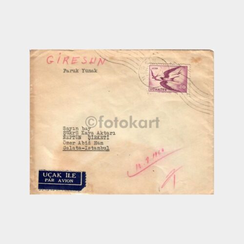 1960 Kırlangıç Uçak Pullu Mersin Damgalı Zarf