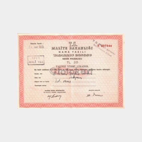 1972 Mali Yılı 20 TL Tasarruf Bonosu Kesir Makbuzu