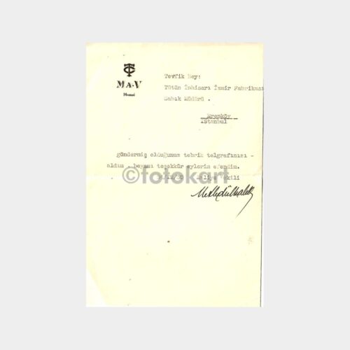 1930 Maliye Vekili Tebrik Mektubu