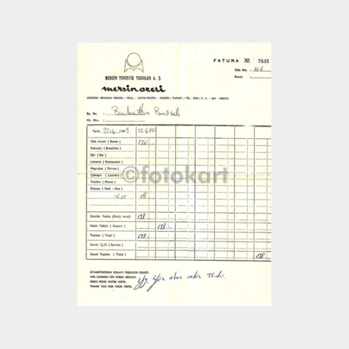 1973 Mersin Oteli Faturası