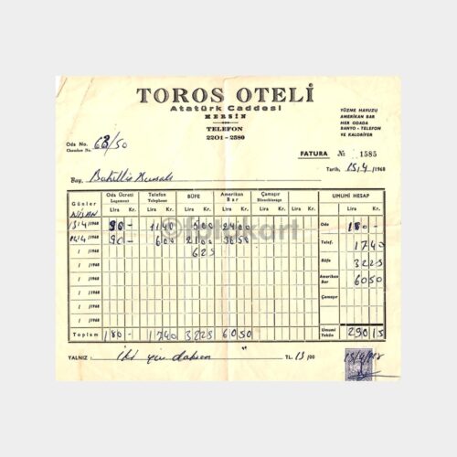1968 Mersin Toros Oteli Fatura