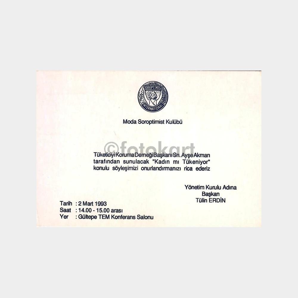 1993 Moda Soroptimist Kulübü Davetiyesi