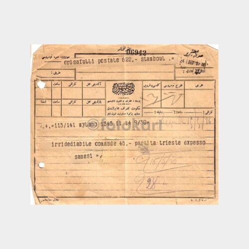 1926 Osmanlı-İtalya Telgraf Alındısı ve Zarf Parçası