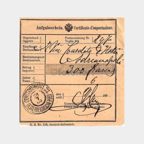 1900 Pera Avusturya Levant Posta Damgalı Makbuz