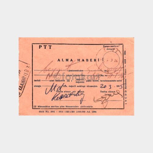 1965 PTT Şişli Posta Alma Haberi Kartı