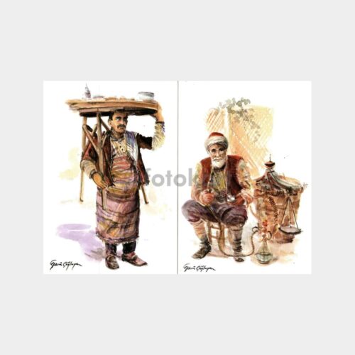 Ressam Şükrü Çağlayan - Osmanlı Meslekler Konulu 4 Adet Tebrik Kartı
