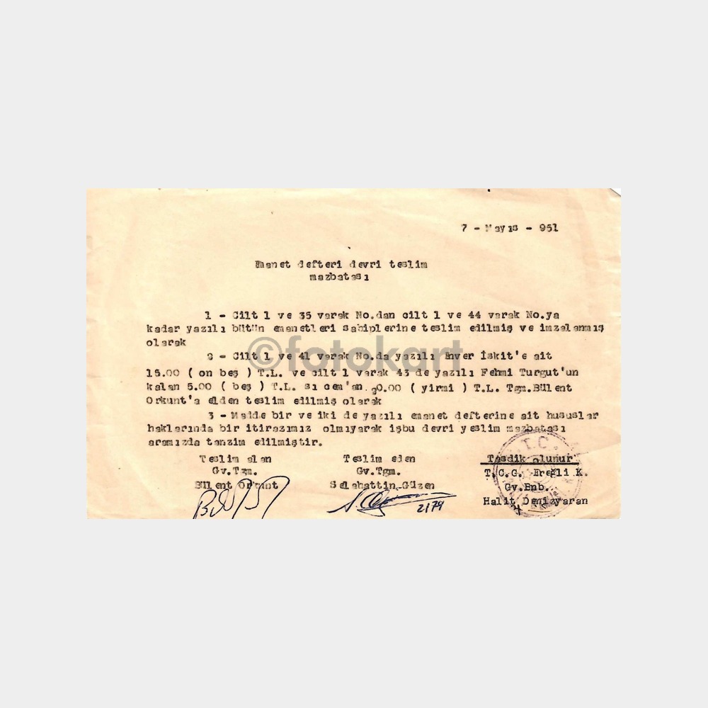 1951 TCG Ereğli Gemisi Emanet Defteri ve Maaş Bordosu Mazbatası