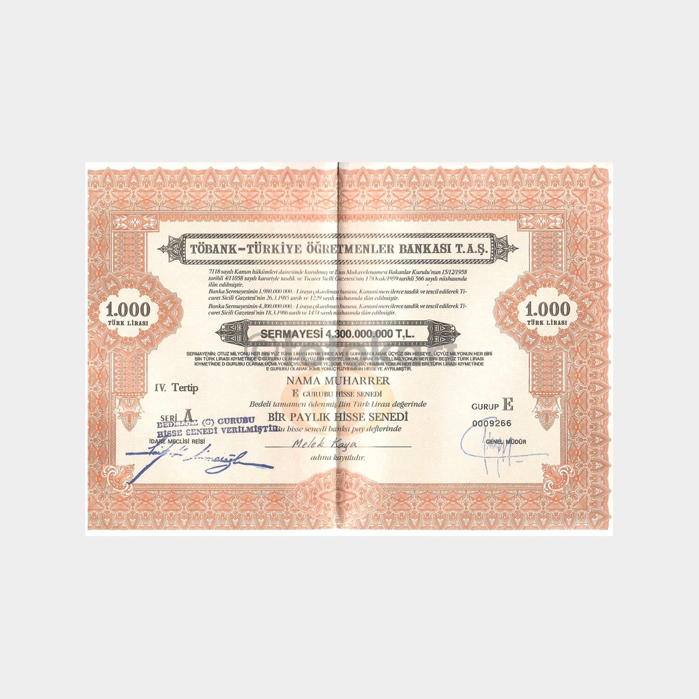 TÖBANK - Türkiye Öğretmenler Bankası Hisse Senedi, 1000 TL