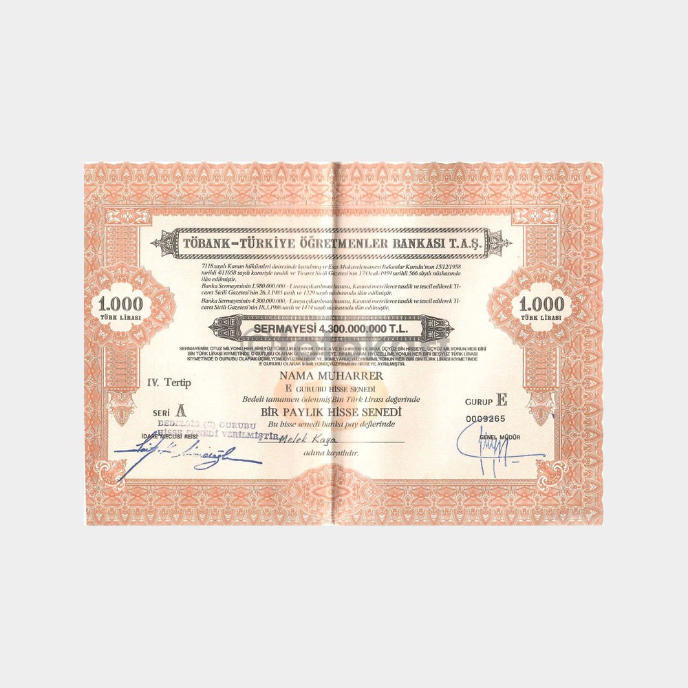 TÖBANK - Türkiye Öğretmenler Bankası Hisse Senedi, 1000 TL