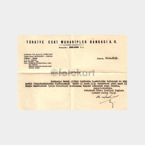 1953 Türkiye Eski Muharipler Bankası Efemera