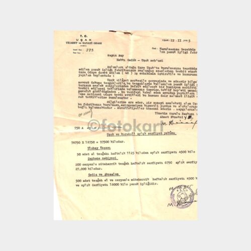 1955 Uşak Pamuk Fabrikası Kurulması Hk. Yazı