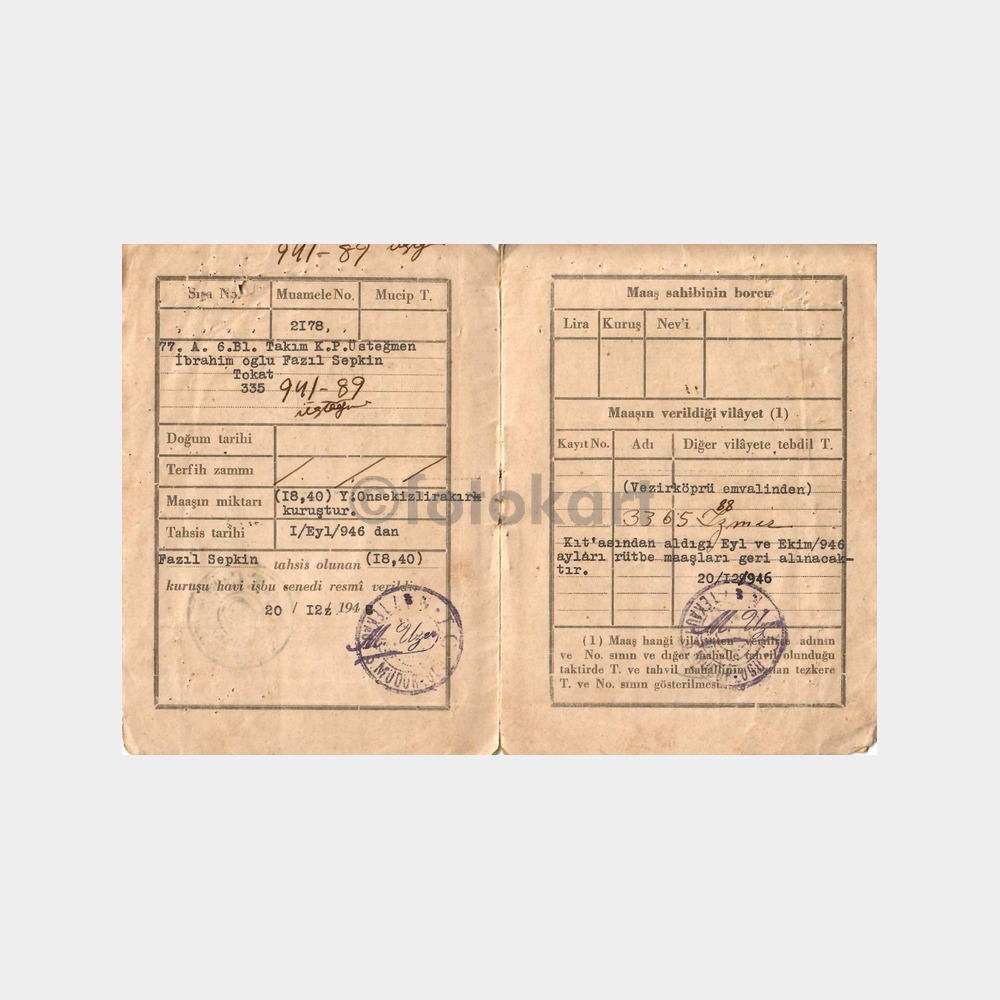1946 Üsteğmen Maaş Belgesi