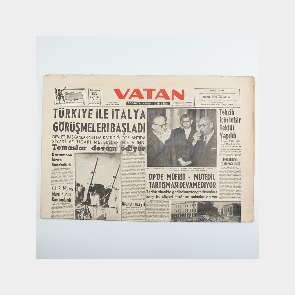 Vatan Gazetesi Orijinal Nüsha, 13 Kasım 1957