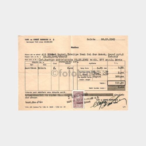 1963 Yapı Kredi Bankası Galata Şb. Makbuzu
