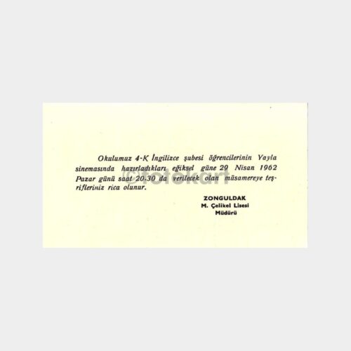 1962 Zonguldak Okul Müsamere Davetiyesi