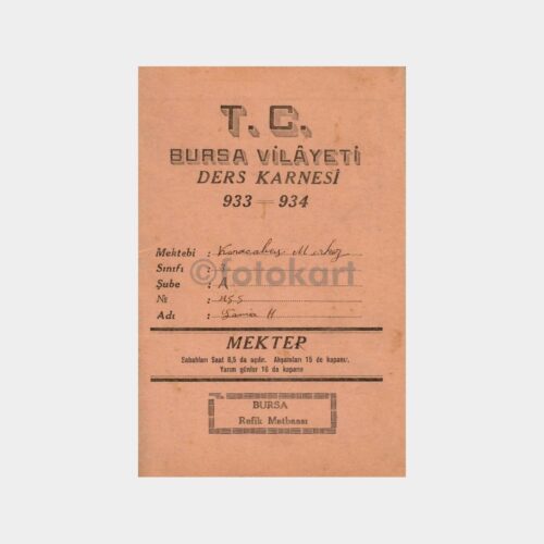 1933-34 Bursa Vilayeti Ders Karnesi