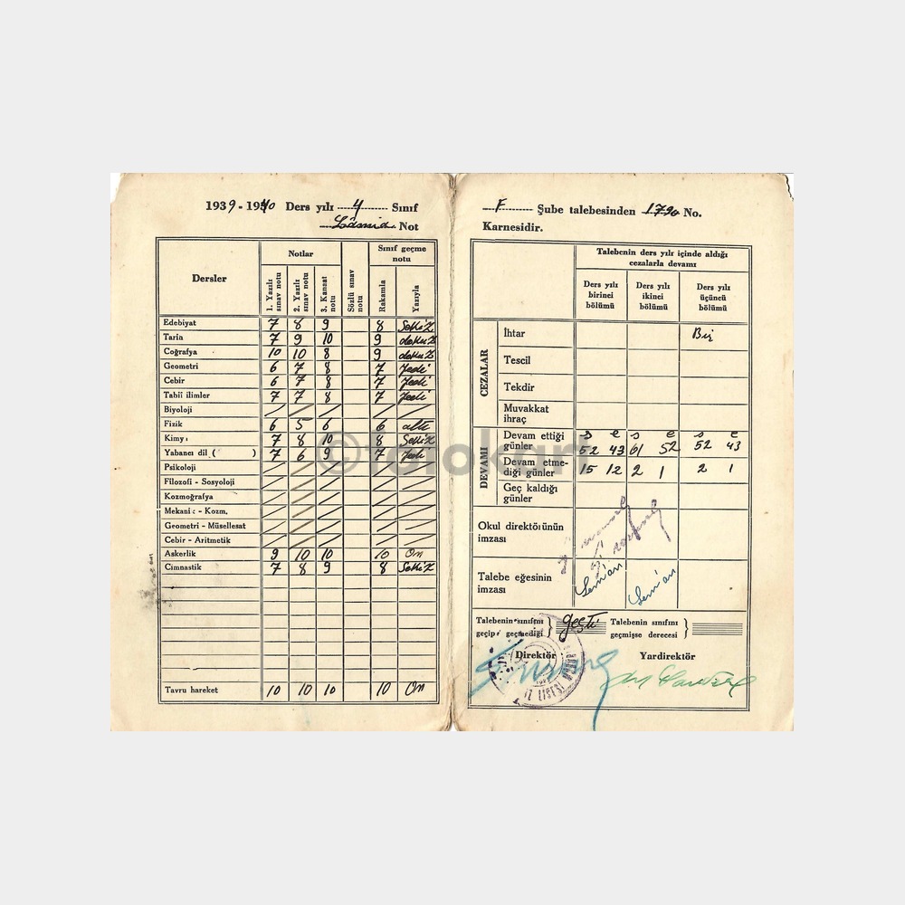 1939-40 İstanbul Kız Lisesi Çalışma Karnesi - Görsel 2