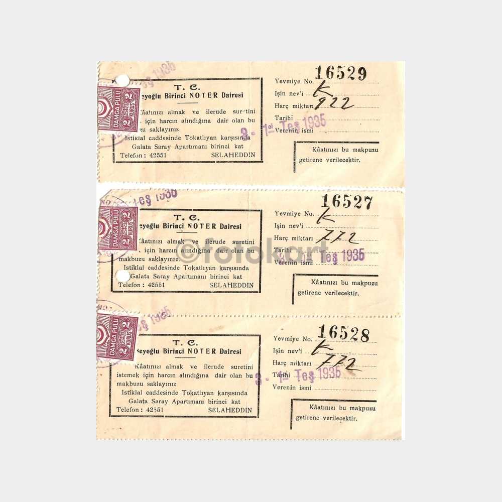 1935 Beyoğlu 1. Noteri 3 Adet Makbuzu