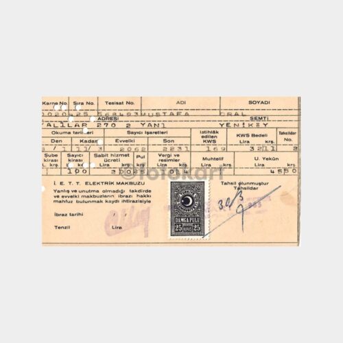 1963 Boğaziçi Yeniköy Elektrik Faturası