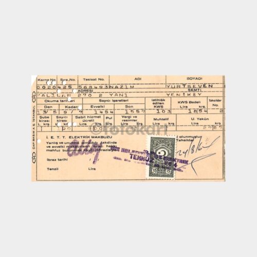 1966 Boğaziçi Yeniköy Elektrik Faturası