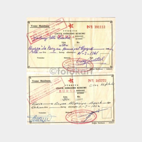 Bursa Çocuk Esirgeme Kurumu 2 Adet Makbuz, 1961-1962