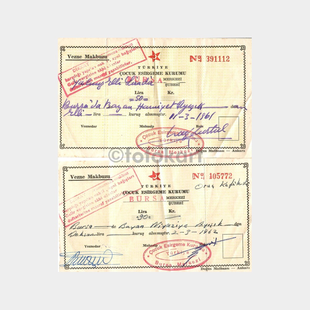 Bursa Çocuk Esirgeme Kurumu 2 Adet Makbuz, 1961-1962