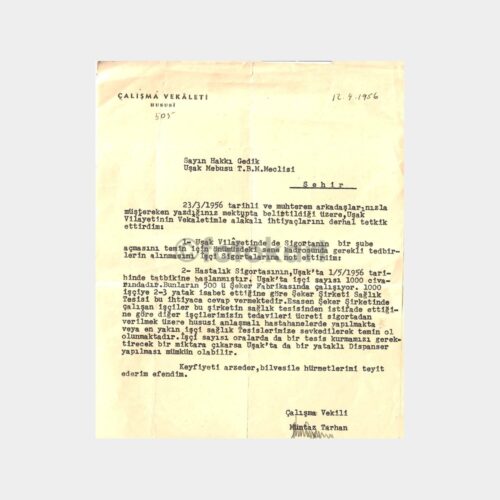 1956 Çalışma Bakanı Mümtaz Tarhan Yazısı