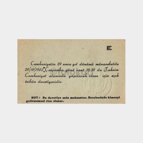 1952 Cumhuriyet Kutlama Davetiyesi