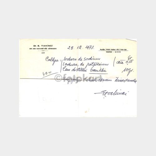 1973 Dr. E. Tahinci Göz Mütehassısı Reçete