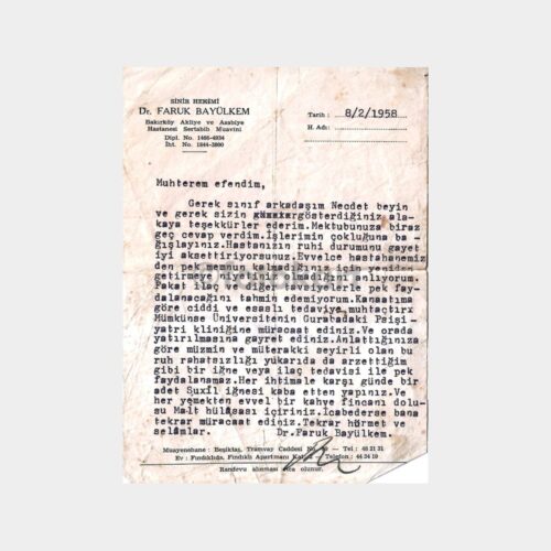 1958 Dr. Faruk Bayulkem Tıp Konulu İmzalı Belge
