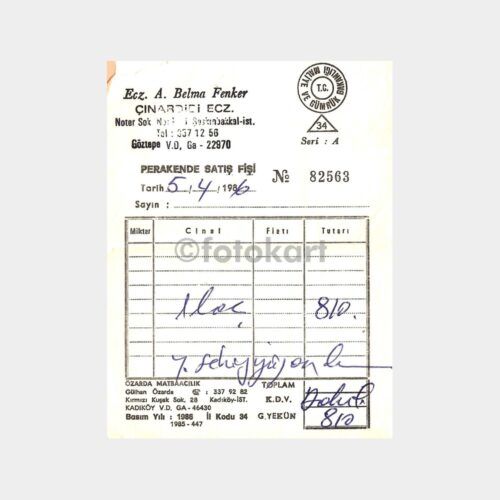 1986 Eczacı Belma Fenker Satış Fişi