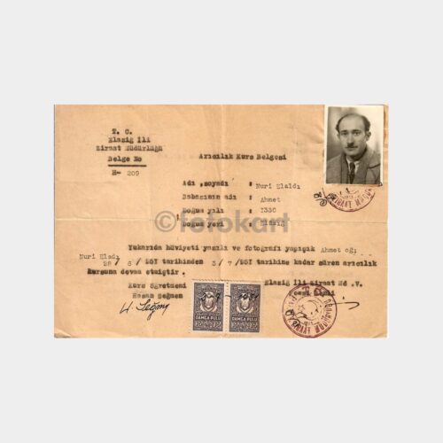 1951 Elazığ Ziraat Müdürü Arıcılık Kurs Belgesi