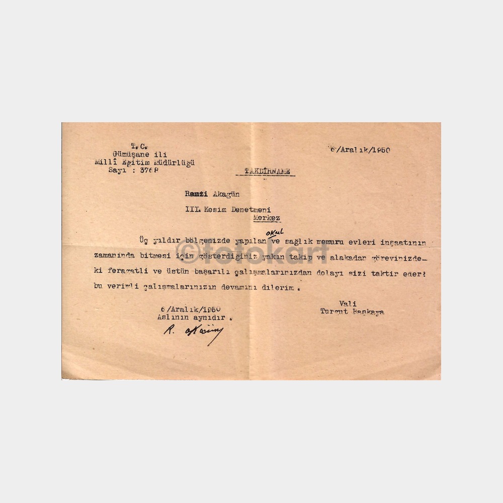 1950 Gümüşhane Kent Tarih Belgesi
