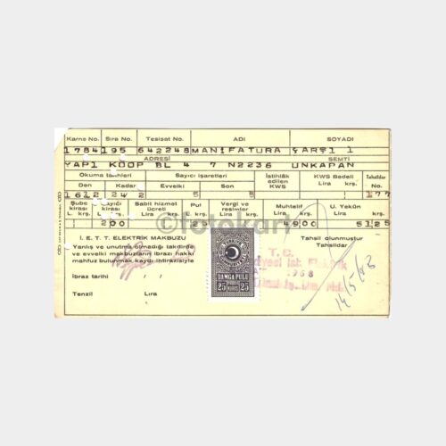 1968 İ.E.T.T. Unkapanı Elektrik Makbuzu