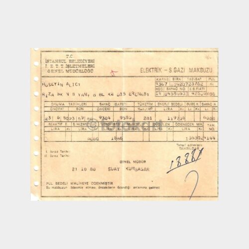 1980 İ.E.T.T. Erenköy Elektrik S.Gazı Makbuzu
