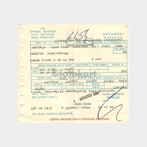 1985 İ.E.T.T. Erenköy Kokarpınar Sk Havagazı Makbuzu